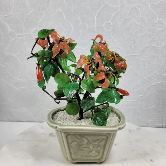 VTG Glass Faux Jade Bonsai Tree 9" Green Coral Handcrafted Art Ceramic Pot - Picture 5 of 16